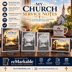 Könnte beinhalten: Ein digitales Notizbuch für Gottesdienste für reMarkable und E-Ink-Geräte mit dem Titel My Church Service Notes, einem Kreuz und einer Landschaftsillustration. Enthält eine weiße Tasse mit dem BoyFriday Media Logo und Website-Text.