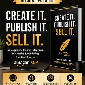 May include: A black book titled Create It. Publish It. Sell It. From Idea to Published Author with a gold feather icon. The cover features the text The Complete Beginner's Guide and Amazon KDP. The bottom includes four icons for step-by-step guidance.