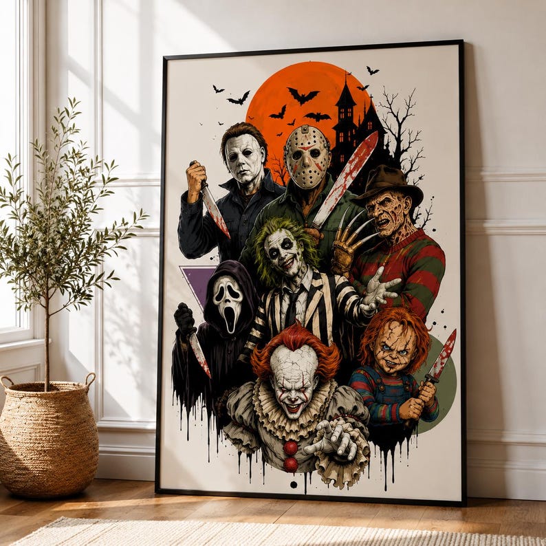 Horror Wall Vector Halloween Horror Wall Art, Scary Movie Poster, Horror Icons Print ...