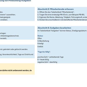 May include: A digital spreadsheet interface titled Preboarding Manager Basic 1.0, featuring five sections of instructions in German for automating onboarding tasks, including requirements, employee entry, starting, task management, and template adjustment.