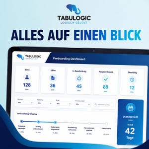 May include: A digital preboarding dashboard displayed on a screen, featuring the Tabulogic logo and the text Alles auf einen Blick. The interface shows metrics for active, open, in-progress, completed, and overdue tasks, plus a timeline and countdown.