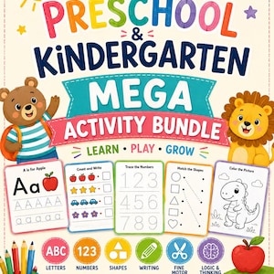 May include: A Preschool & Kindergarten Mega Activity Bundle book cover featuring a sun, rainbow, bear, and lion. It includes educational worksheets for letters, numbers, shapes, and writing, plus icons for skills and a stack of books with an apple on top.