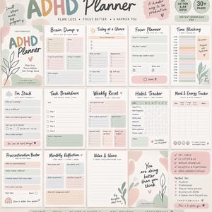 Könnte beinhalten: Ein digitales ADHS-Planer-Set mit über 30 Seiten in US-Letter- und A4-Größe. Die druckbaren Vorlagen enthalten Abschnitte für Brain-Dumps, Tagesfokus, Zeitblockierung, Gewohnheitsverfolgung, Stimmungsüberwachung und Aufgabenaufschlüsselungen in Pastelltönen.