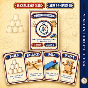 May include: A set of Inventor Challenge Cards for ages 6-9, featuring 16 cards with tasks like Build, Balance, Roll, and Invent. The cards display illustrations of cups, rulers, pencils, and cardboard robots with text instructions by Mission Curiosity Lab.