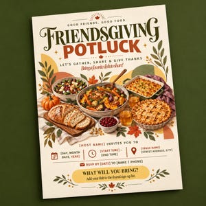 Friendsgiving Potluck Invitation , Autumn Thanksgiving Invite With Dish Sign Up Sheet , Editable Canva Template Printable Party Decor