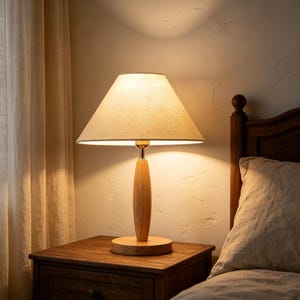 Wooden table lamp with linen shade, minimalist solid wood bedside lamp, vintage farmhouse-style bedside lamp