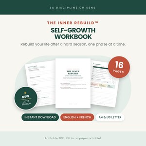 Peut inclure: Le cahier d'exercices de développement personnel The Inner Rebuild est un PDF imprimable de 16 pages disponible en anglais et en français. Il inclut les formats A4 et US Letter pour un usage numérique ou papier avec des pages structurées.