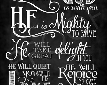 Scripture Art - Zephaniah 3:17 ~ Chalkboard Style