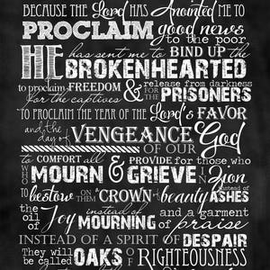 May include: Black and white typography on a black background with the text "The Spirit of the Lord is on me because the Lord has anointed me to proclaim good news to the poor..." and "Isaiah 61:1-3".