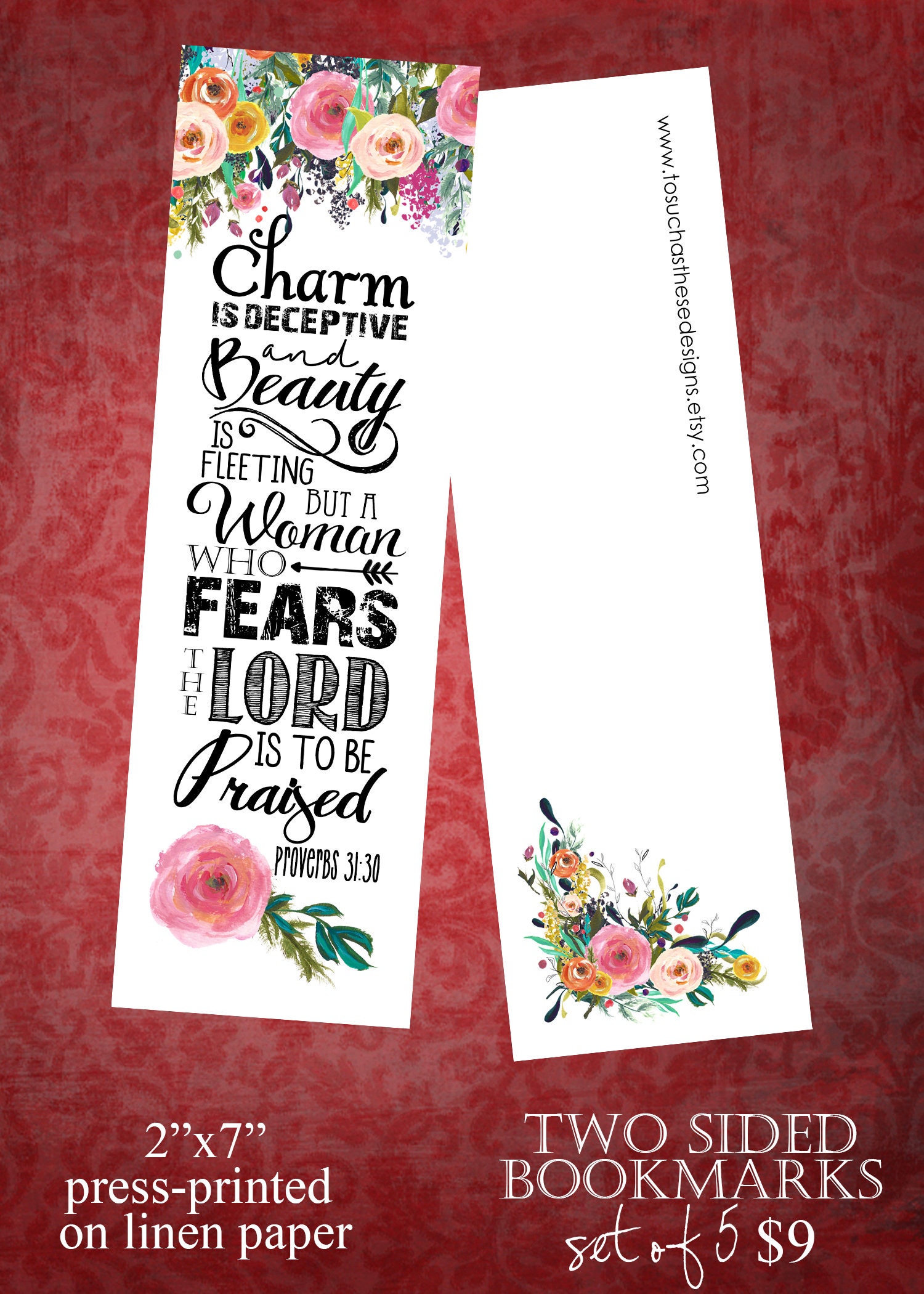 Set of 5 Proverbs 31:30 Floral Bookmarks - Etsy Israel