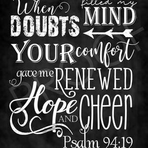 May include: Black and white chalkboard with a quote about comfort and hope. The quote reads "When doubts filled my mind your comfort gave me renewed hope and cheer." The quote is followed by "Psalm 94:19".