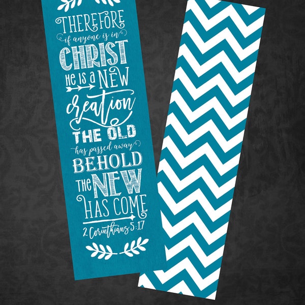 Set of 5 II Corinthians 5:17 bookmarks, chalkboard style, teal