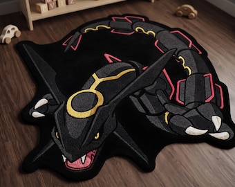 Tapis inspiré de Rayquaza brillant | Tapis Pokémon noir tufté | Décoration artisanale pour salle de jeux | Tapis d'anime | Tapis sur mesure