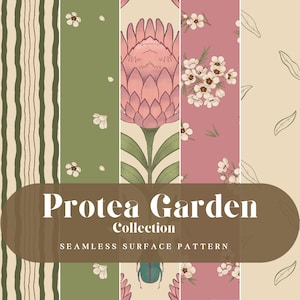 May include: A digital graphic featuring five vertical panels with botanical patterns in shades of green, pink, and cream. The central panel displays a large pink protea flower and a beetle. Text reads Protea Garden Collection Seamless Surface Pattern.