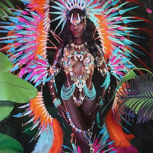 May include: A colourful carnival costume with a headdress and elaborate feathered wings in shades of orange, pink, blue, and turquoise. The costume includes ornate jewellery and body adornments, creating a striking visual display.
