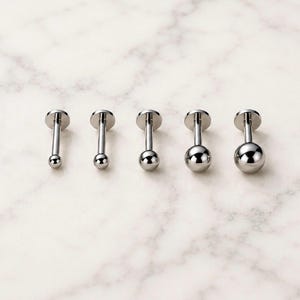 Op de afbeelding: Vijf zilverkleurige metalen labret-piercings op een rij, elk met een platte ronde basis en een gladde bolvormige bovenkant. De bollen nemen in grootte toe van links naar rechts en hebben een gepolijste, reflecterende afwerking op elk stuk.