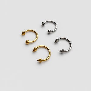 Può includere: Quattro gioielli per il corpo a forma di ferro di cavallo circolare. Due sono color oro e due color argento. Ogni pezzo presenta una combinazione di estremità a forma di cono appuntito e estremità sferiche lisce con finitura metallica.