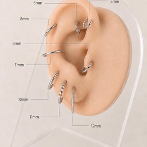 Può includere: Un set di orecchini a cerchio color argento esposti su un modello di orecchio beige. I cerchi sono etichettati con diametri specifici di 5mm, 6mm, 8mm, 10mm, 11mm e 12mm. Gli orecchini sono disposti in varie posizioni lungo il cartilagine e il lobo.