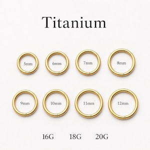 Può includere: Una collezione di otto anelli a cerchio in titanio color oro disposti su due file. Ogni anello è etichettato con il suo diametro da 5mm a 12mm. Il testo Titanium è in alto, e 16G, 18G, 20G sono stampati nella parte inferiore dell'immagine.