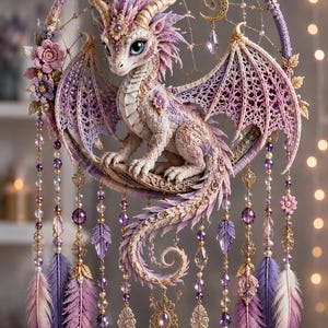 May include: A decorative dreamcatcher featuring a central cream and purple dragon figure with intricate wings. The hoop is adorned with crocheted flowers, a gold crescent moon charm, and hanging strands of purple beads, crystals, and feathers.