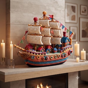 May include: A multi-colored crochet ship featuring white sails, small houses on the deck, and colorful bunting flags. The hull is decorated with circular accents in shades of orange, blue, and red, with a dark base and a tall mast structure.