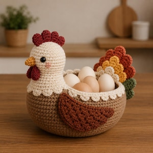 May include: A crochet chicken-shaped basket with a cream-colored head, a dark red comb and wattle, and a brown body. The tail features layers of red, orange, and green crochet petals. The basket contains five smooth, light-colored oval eggs.