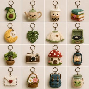 Può includere: Una collezione di sedici portachiavi all'uncinetto individuali con varie forme, tra cui un avocado, una teiera, un tè boba, libri impilati, una mezzaluna, una foglia di monstera, un maglione, un giradischi, un bonsai, una fotocamera, una casa a fungo, una lanterna, una busta, un cesto di fiori, uno zaino e un barattolo.