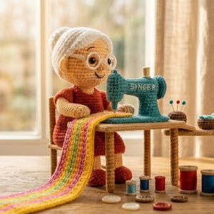 Puede incluir: Una muñeca de ganchillo con pelo blanco y gafas sentada en una pequeña mesa de madera con una máquina de coser Singer turquesa. Una larga tira de tela a rayas de colores sale de la máquina. Varios carretes de hilo de madera y botones esparcidos.