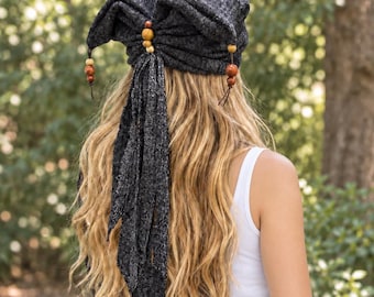Charcoal Gray Fringe Hat with Wooden Beads, Boho Knit Hat with Long Fringes, Hippie Funky Hat.