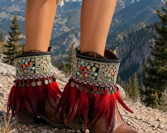 Red Feather Cowboy Boot Cuffs: Bohemian Boot Covers