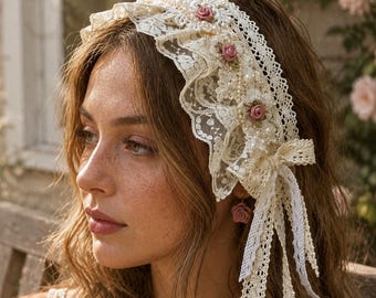 Handmade Lace Headband, Ivory Lolita Headpiece, Romantic Bridal Hairpiece