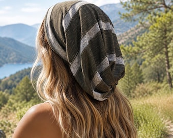 Green Stripe Slouchy Beanie: Cotton Knit Oversized Beanie Chemo Hat