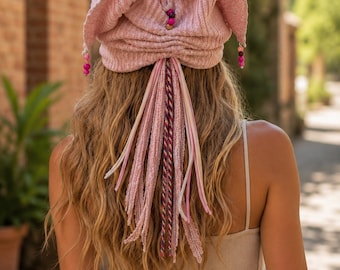 Pink Slouchy Hat with Tassels & Beads, Handmade Festival Head Wrap, Fairycore Pixie Hat, Hippie Gypsy Style Beanie