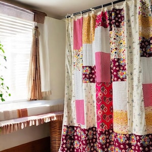 ハンドメイド ボヘミアン パッチワーク シャワーカーテン：ヴィンテージコットン、72x74インチ