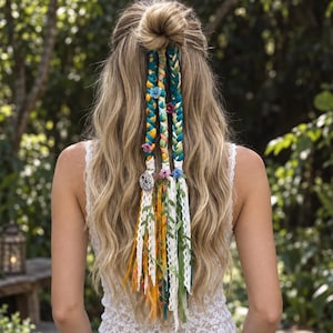 May include: A hair accessory featuring three braided strands in teal, yellow, and white, adorned with small colorful flowers. The braids transition into hanging ribbons, lace strips, and green vine accents, with a silver circular charm attached.