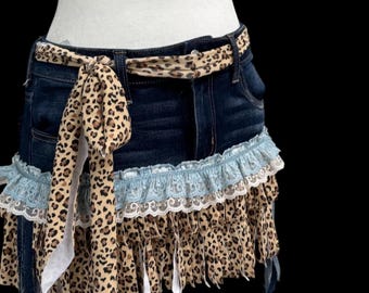 Handmade Upcycled Denim Lace Skirt with Leopard Print Ruffles.