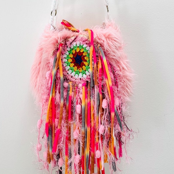 Funky Pink Faux Fur Purse Womens Crossbody Bag with Fringes.