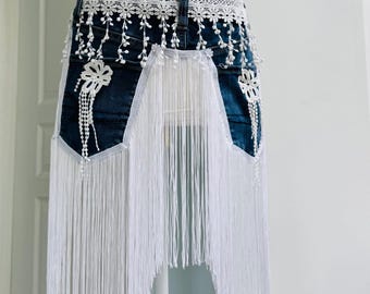 Upcycled Denim Fringe Belt with White Lace Detail – Festival Hip Skirt