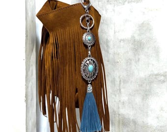 Boho Purse Tassel: Handmade Western Turquoise Purse charm 10 inches.