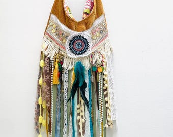 Long Fringe Crossbody Bag: Boho Hippie Purse with Yellow Fabric