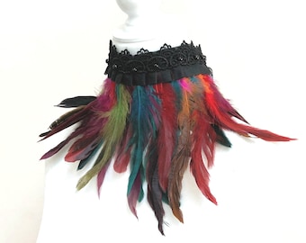 Feather collar / Steampunk high collar/ Burlesque fringe collar / Feather choker /Gothic feather chocker/ Halloween Costume