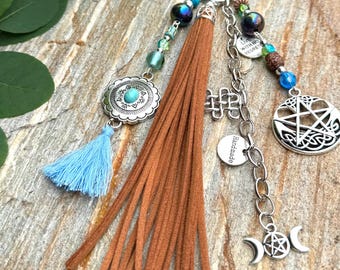 Boho Purse Tassel: Handmade Leather Fringe Purse Charm with Beaded Accents