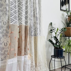 Handmade Vintage Lace Patchwork Shower Curtain – One-of-a-Kind Boho Bathroom Decor 80"x80"