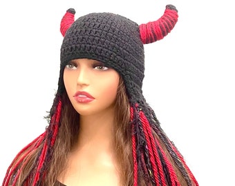 Viking Queen Hat Shield Maiden Hat Norse Woman Crochet Hat Long Fringe Black Knit Hat.
