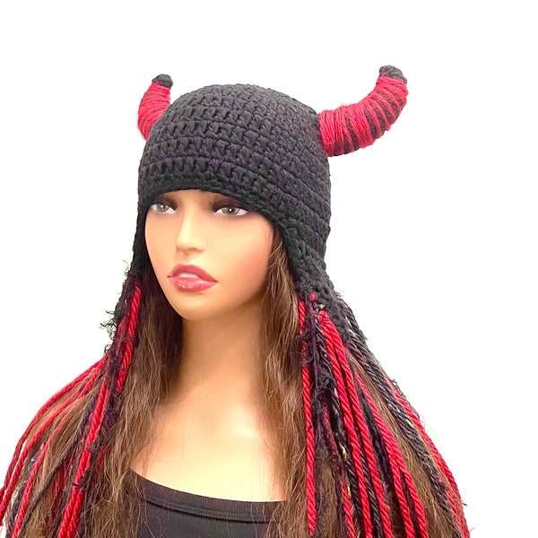 Viking Queen Hat Shield Maiden Hat Norse Woman Crochet Hat Long Fringe Black Knit Hat.