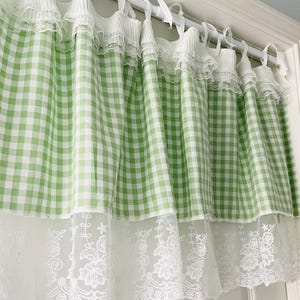 French Country Window Curtain Valance Shabby Chic Green Gingham Window Treatments  Kitchen Cafe Farmhouse Nursery.