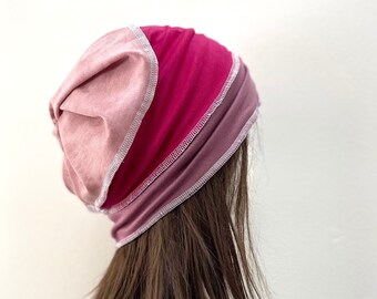Pink Slouchy Beanie Patchwork Beanie Womens Knit Hat Chemo Hat.