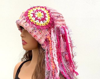 Pink Long Fringe Knit Hat Crazy Knit Hat Fringe Beanie Boho Beanie Hippie Knit Hat.