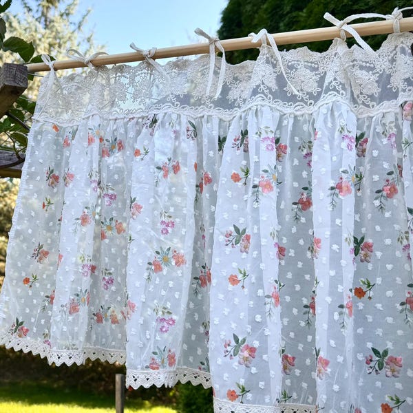 Handmade Floral Print Sheer Chiffon Curtain Valance – Tie Top Style with Embroidered Floral Trim