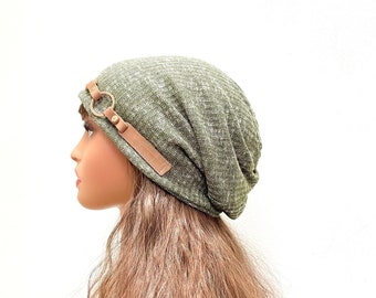 Buckle Green Slouchy Beanie Knit Hat Slouchy Women Mens Winter Hat Chemo Hat.
